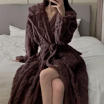 Фланелевые Халаты Для Женщин Зимние Толстые Теплые Миди Дома Пижамы Ночь Сексуальная Одежда Корейский Мода Повседневная Новый Тендер