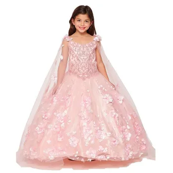 Розовые мини-платья Quinceanera, бальное платье с V-образным вырезом, тюлевые платья с цветочным узором для девочек-цветочниц, свадебные Мексиканские нарядные платья для малышей