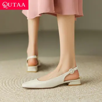 QUTAA / 2023, Летние женские босоножки из натуральной кожи, Модные вечерние офисные женские повседневные туфли на толстом низком каблуке, женские размеры 34-40