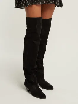 Женские сапоги выше колена из черной замши на высоком массивном каблуке 4,5 см, роскошные зимние ботинки с бахромой, женская зимняя обувь