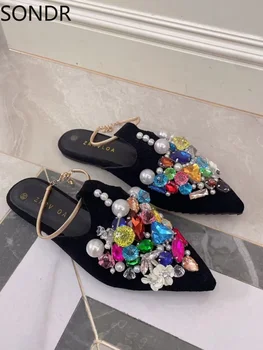 Женские заостренный носок замша кожа бриллианты жемчуг цветы DIY босоножки Босоножки на низком каблуке с пляжем роскошные   