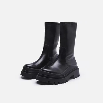 Популярные Непромокаемые сапоги; Женская Осенняя обувь 2023 года; Черные Эластичные ботинки Со Средней Трубкой На толстой подошве; Облегающие Короткие сапоги; Теплая обувь; Botas Mujer