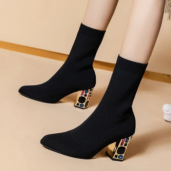 Новые осенне-зимние универсальные тонкие сапоги на толстом высоком каблуке, женские эластичные носки со средним носком, короткие сапоги