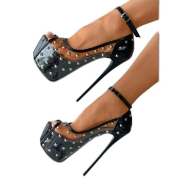 Красивые женские туфли SHOFOO на высоком каблуке. Высота каблука около 15 см. Туфли-лодочки с открытым носком, Обувь для показа мод, обувь для банкета с пряжками на лодыжках