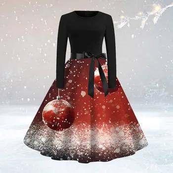 Винтажное платье в стиле Хепберн для женщин, Рождественское женское классическое чайное платье, платье с круглым вырезом и поясом, коктейльное вечернее платье