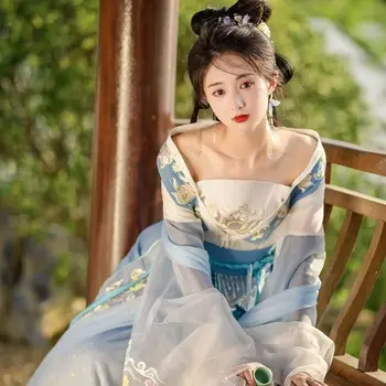 2023 Hanfu Dress Женская вышивка, Южная династия Вэй Цзинь, Большие рукава, юбка со сломанной талией, Летний костюм Hanfu
